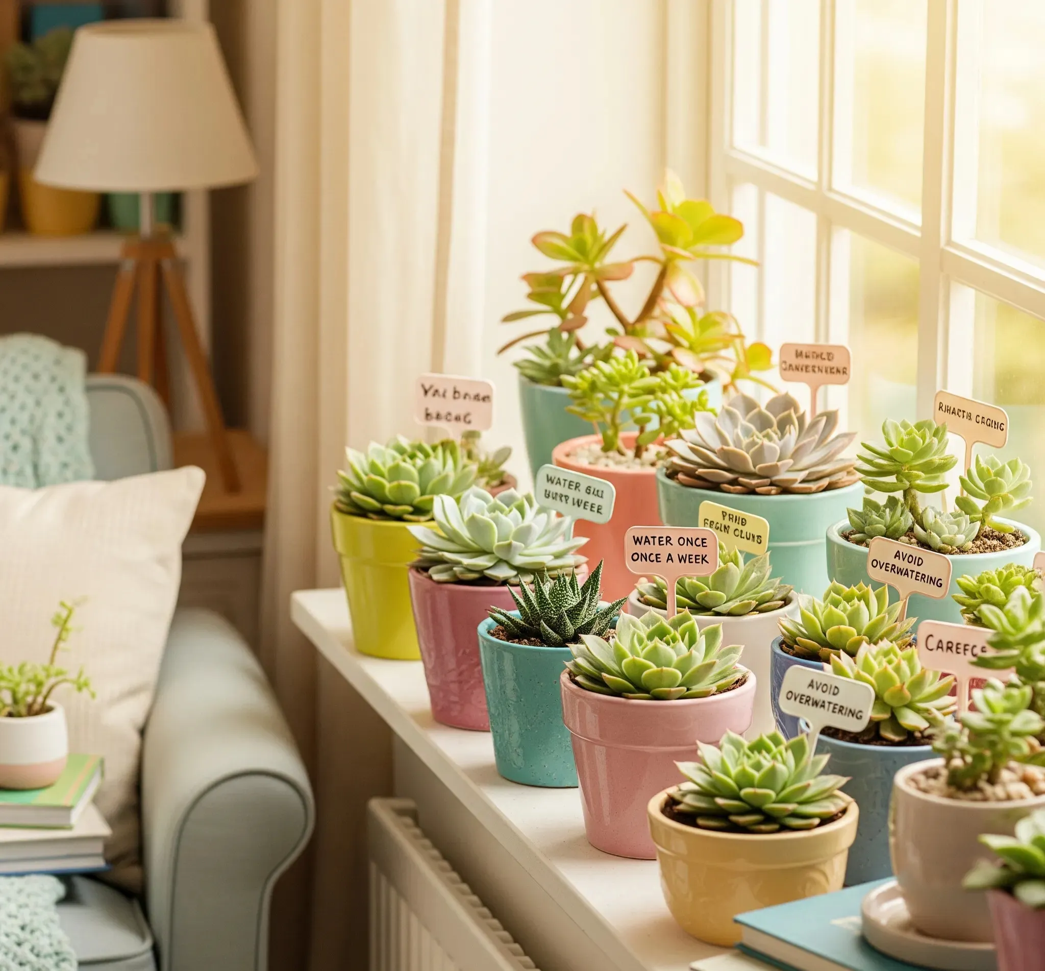 Happy indoor succulent collection in bright light with labeled care tips – fresh, cozy home aesthetic