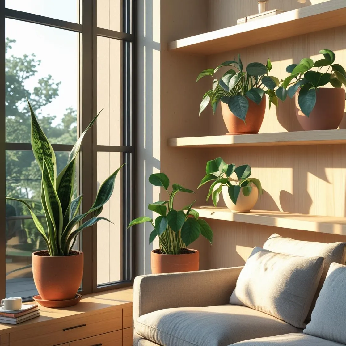 Cozy modern apartment with 3–4 easy-care houseplants 