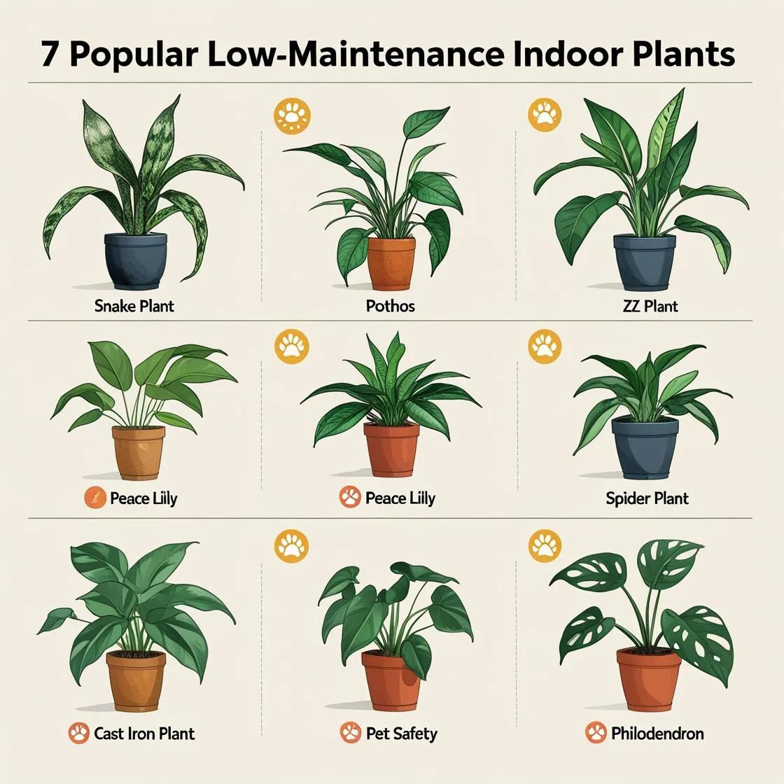 
A clean, colorful infographic layout displaying 7 popular low-maintenance indoor plants arranged in a neat grid. Each plant is realistically illustrated with natural textures and details—such as snake plant, pothos, ZZ plant, peace lily, spider plant, cast iron plant, and philodendron. Next to each plant, include realistic but simple icons representing water needs, light requirements, and pet safety (e.g., water droplet, sun, paw print). The background is bright and neutral to keep focus on plants and icons. The style balances realistic botanical visuals with clear, informative iconography for easy understanding.

