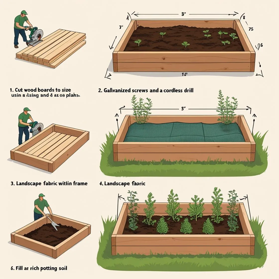 Step-by-step diagram of building a raised garden bed from raw wood to finished filled frame – clean and illustrated