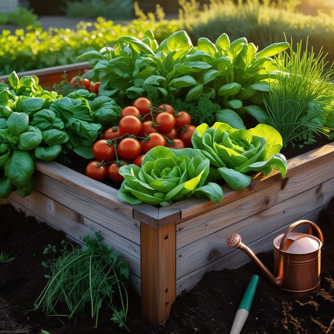 Flourishing raised garden bed with lettuce, tomatoes, and herbs – early morning light, healthy greenery