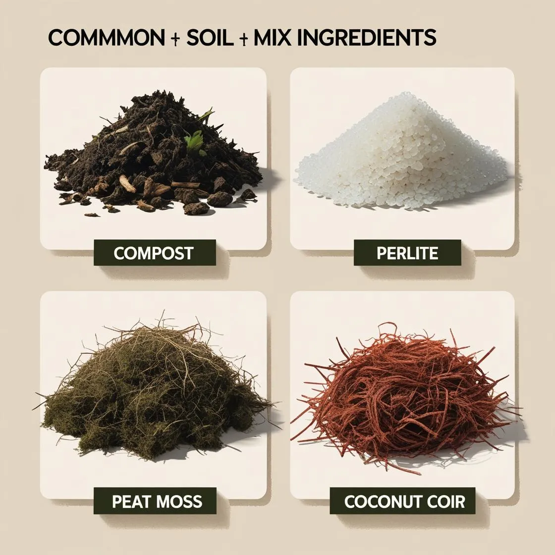 Infographic showing soil mix ingredients with icons: compost, perlite, peat moss, coconut coir