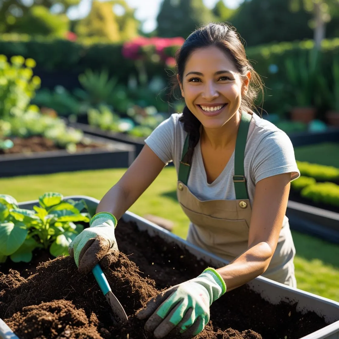 Gardener mixing soil components in a large container outdoors, wearing gloves and smiling


