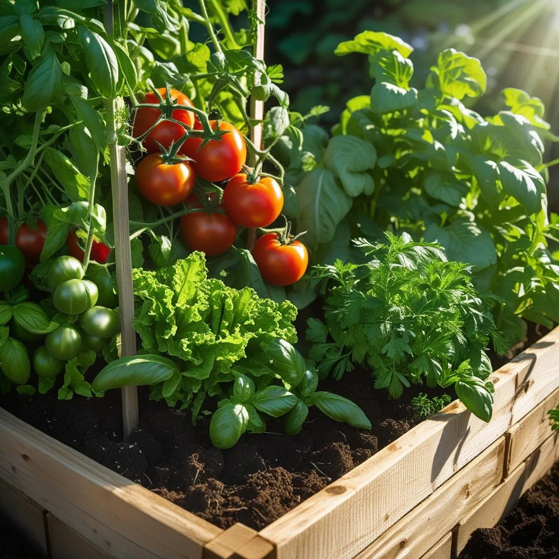 Healthy raised bed garden with vibrant vegetables and herbs growing in rich soil, bathed in sunlight