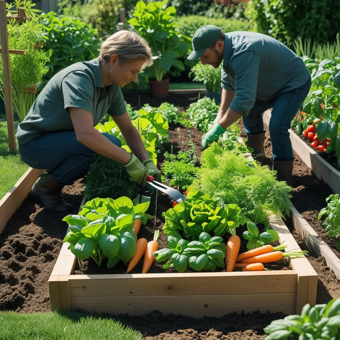 Gardener weeding a raised bed using hand tools, contrasted with a person tending an in-ground garden