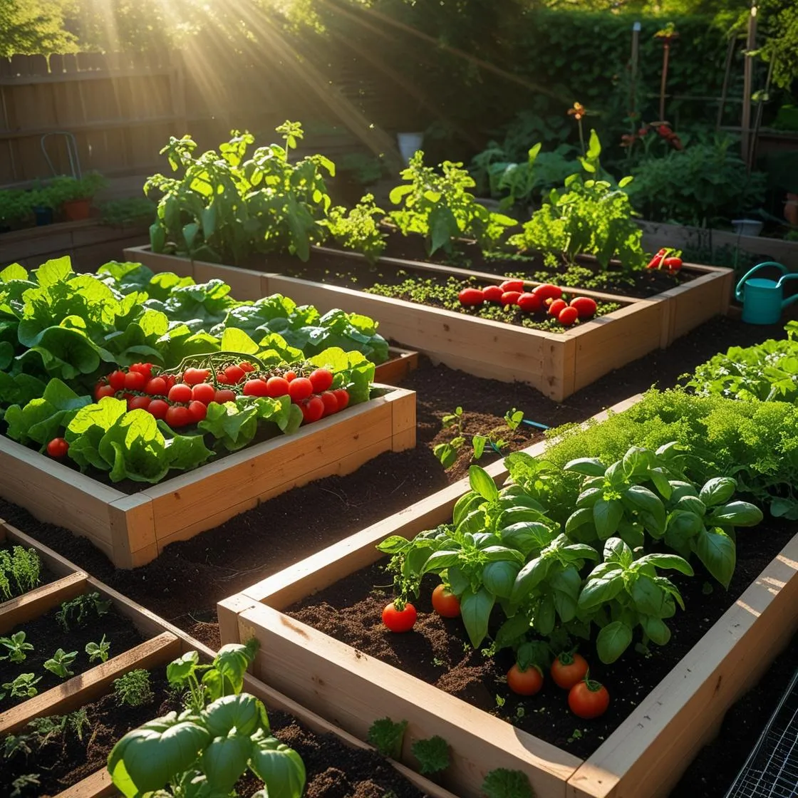 Backyard showing both raised beds and in-ground garden plots thriving with healthy plants


