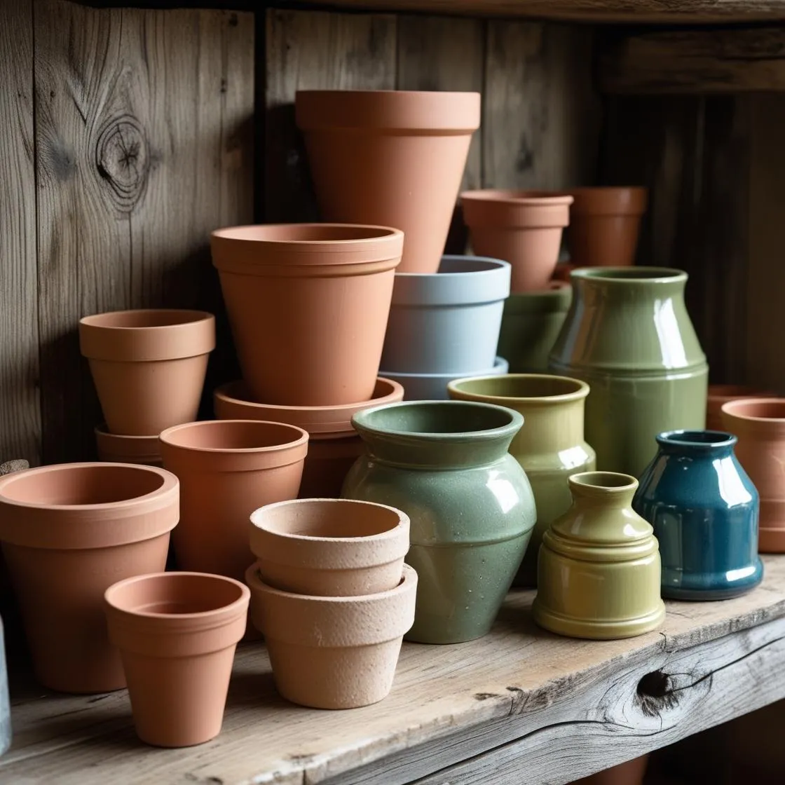 empty terracotta, plastic, and glazed ceramic pots