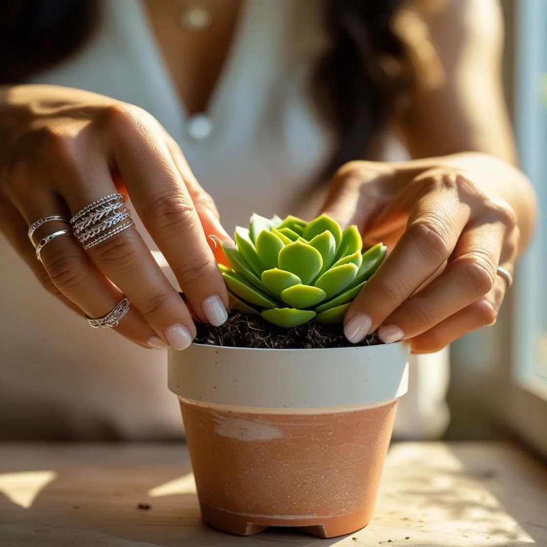 A person's hands are gently repotting a small green plant