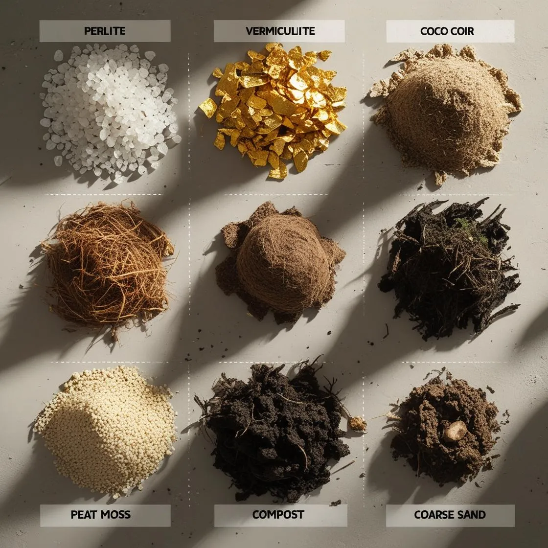 A realistic, top-down infographic-style image showing six small piles of different soil mix ingredients: perlite (white, airy pebbles), vermiculite (golden flakes), coco coir (fibrous brown material), peat moss (dark, spongy texture), compost (rich black organic matter), and coarse sand (light-colored grains). Each pile is neatly arranged on a neutral surface, spaced evenly in a grid layout with soft shadows. Include visible texture and natural imperfections like dust or bits of root. Space is left near each pile for adding text or labels. Natural lighting and warm tones for an earthy, educational, and realistic appearance.

