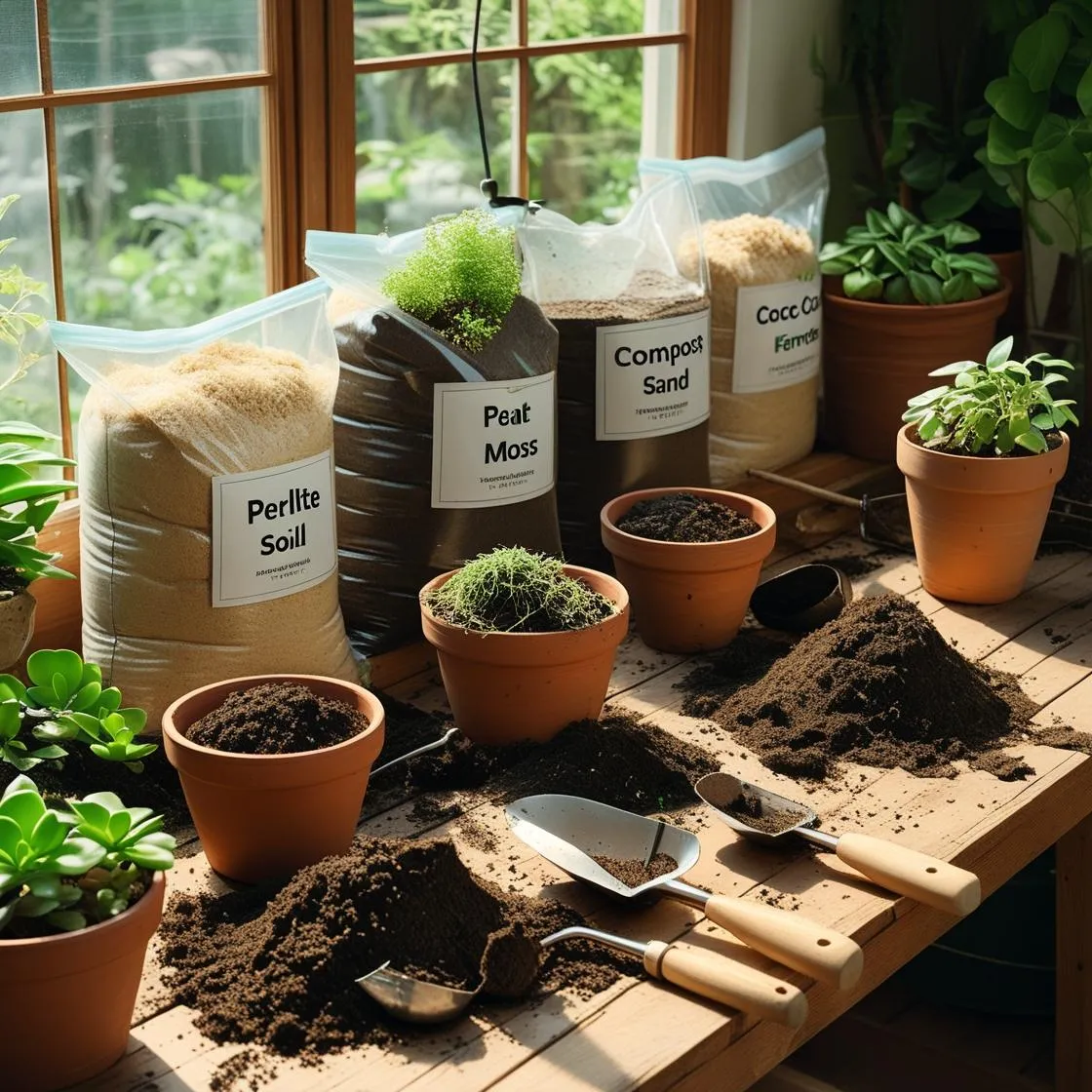 Indoor gardening station with labeled bags of soil components and pots being filled for different houseplants