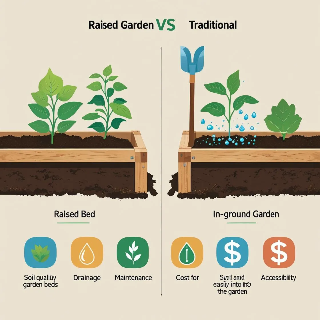 Illustrated infographic comparing raised beds and in-ground gardens with icons for soil, drainage, and maintenance