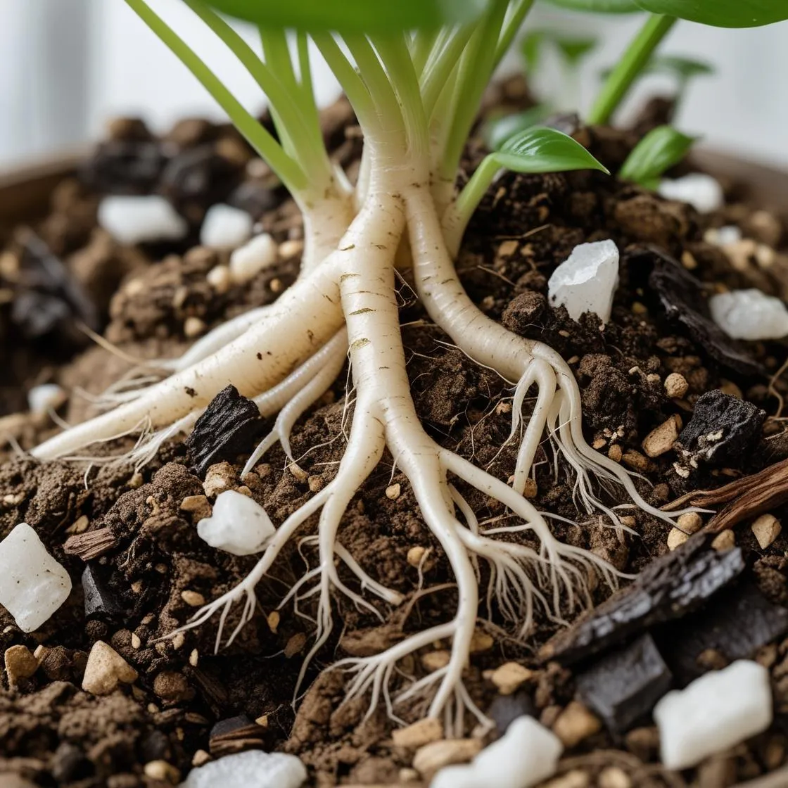 Close-up of healthy indoor plant roots in well-draining soil – airy texture and visible perlite