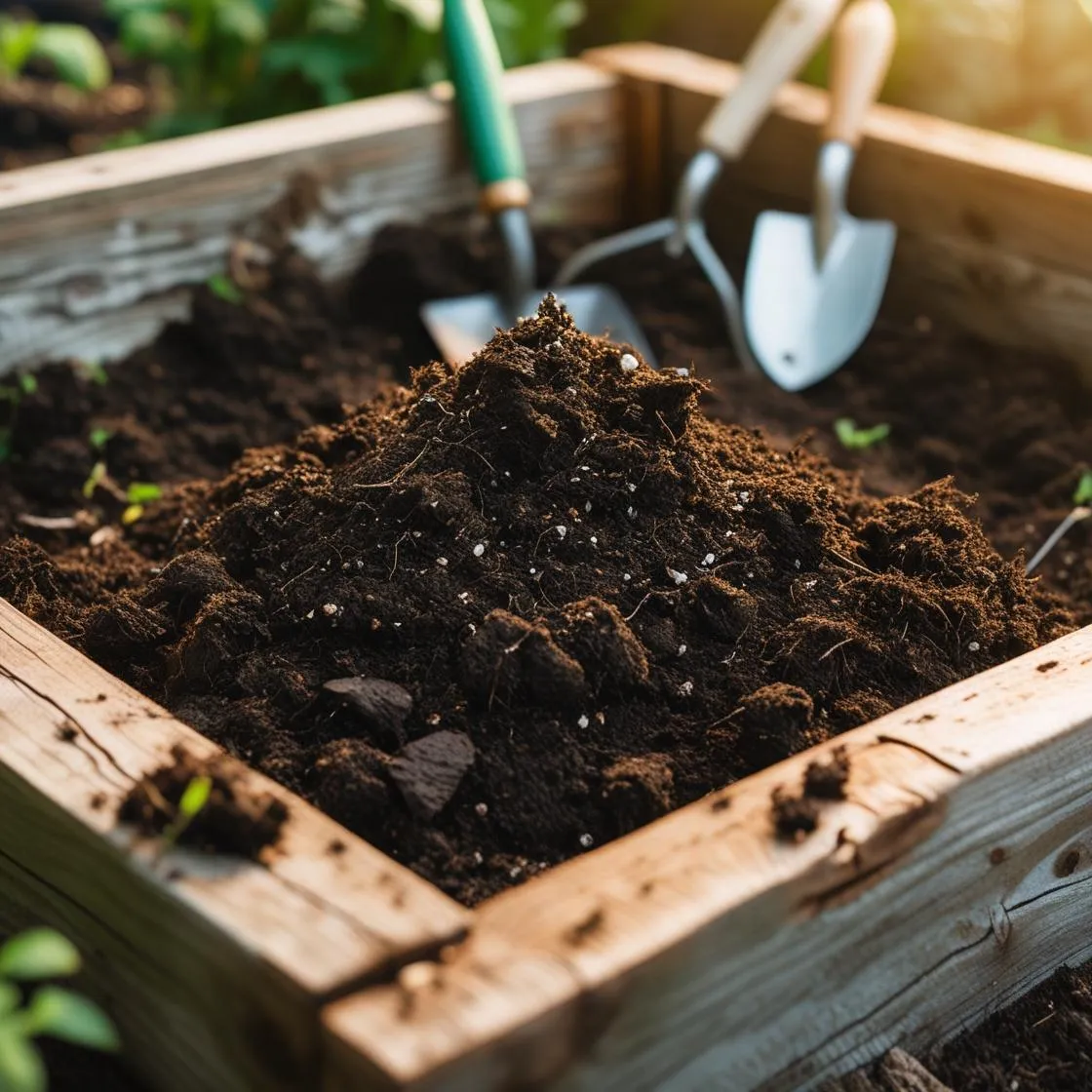 Close-up of rich, dark raised bed soil mix in a wooden raised garden bed with gardening tools nearby