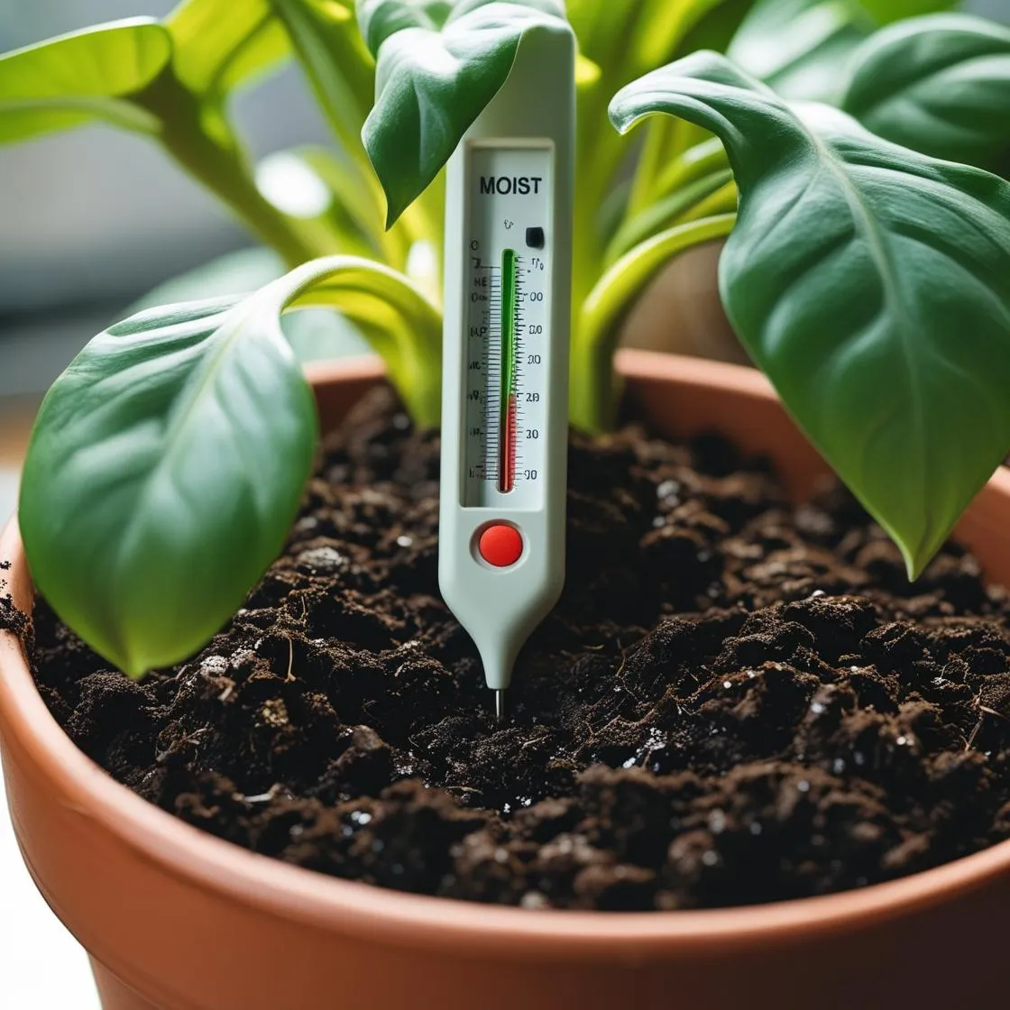 Close-up of moisture meter in a potted plant with clear indicator showing 'moist' zone