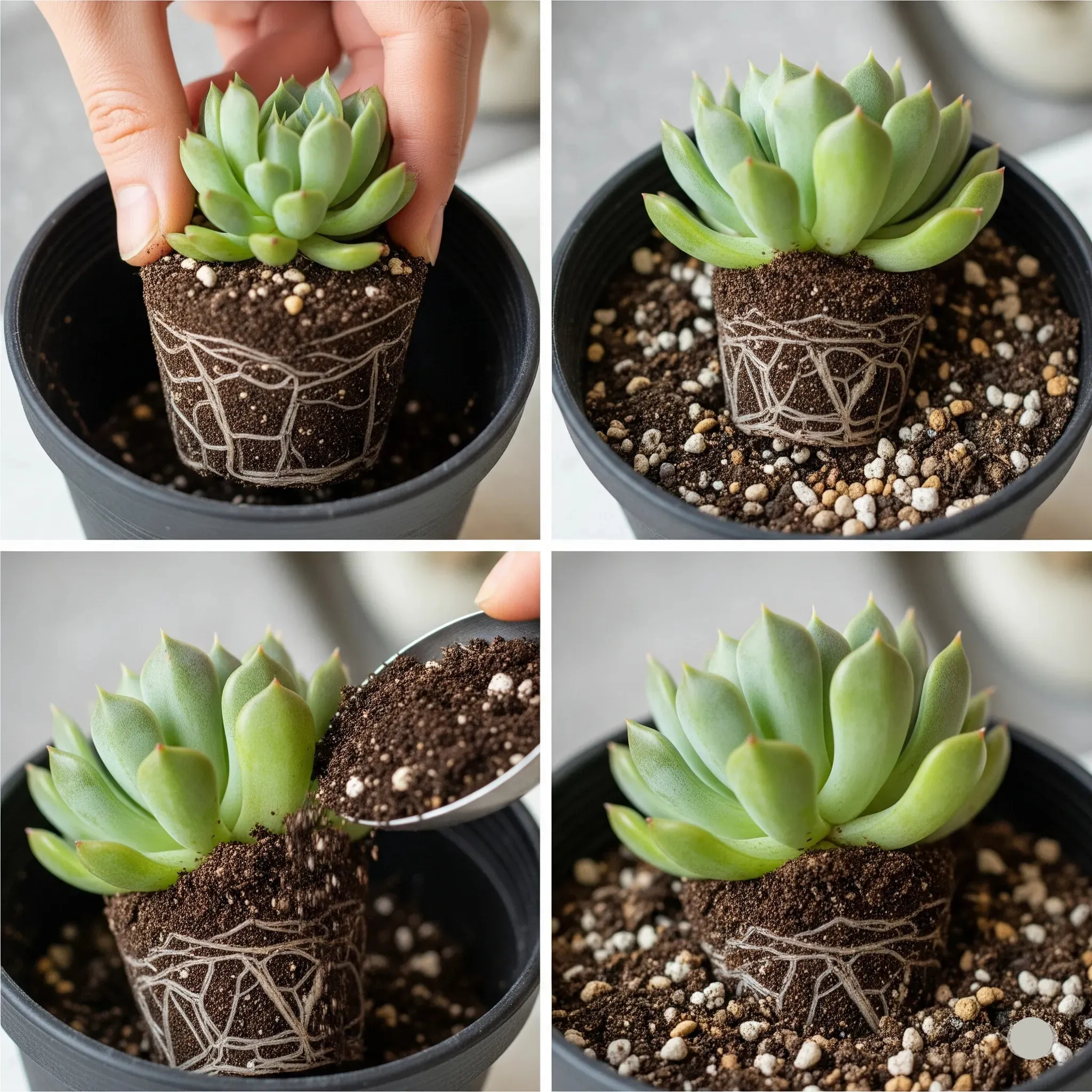 Close-up of a succulent in gritty, well-draining soil with visible healthy roots – step-by-step repotting scene