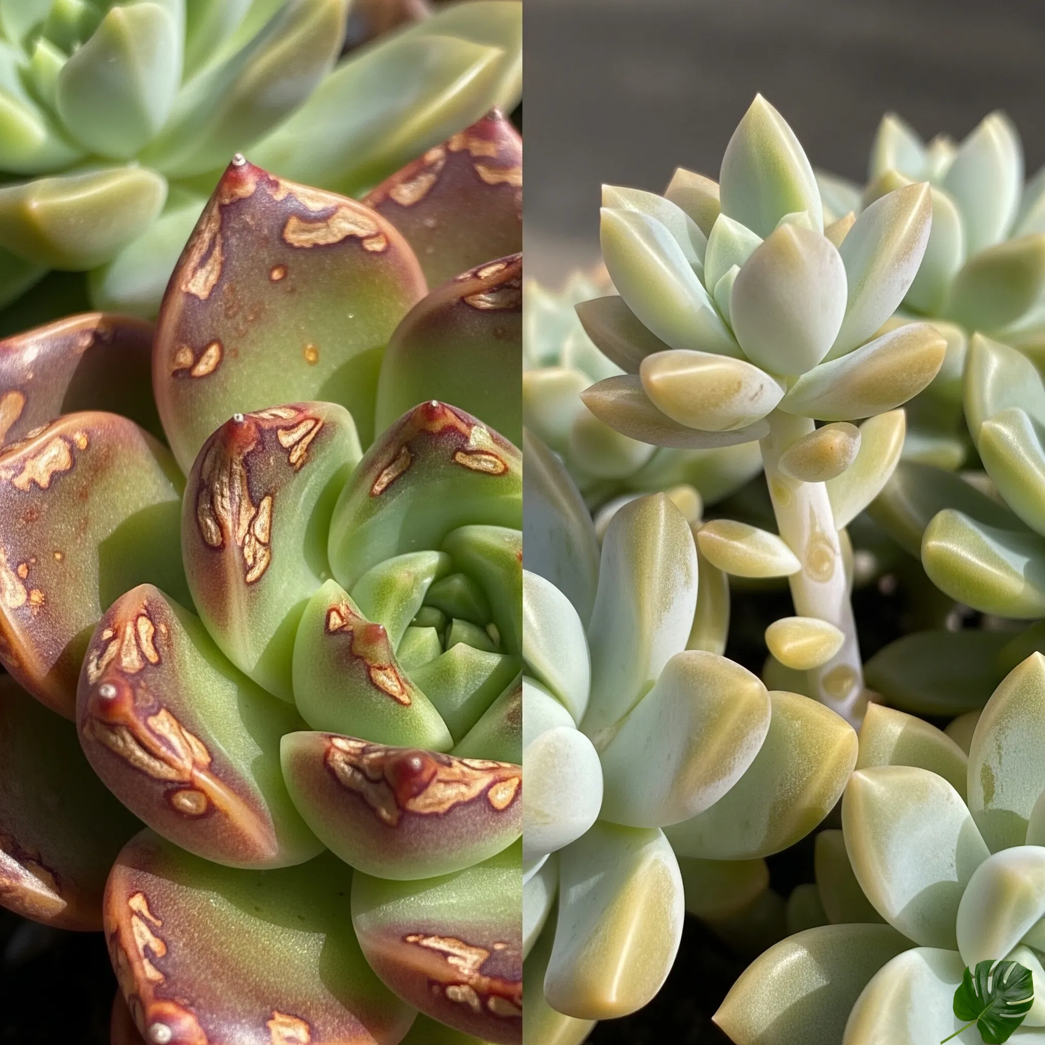 comparison of sunburned and etiolated succulents
