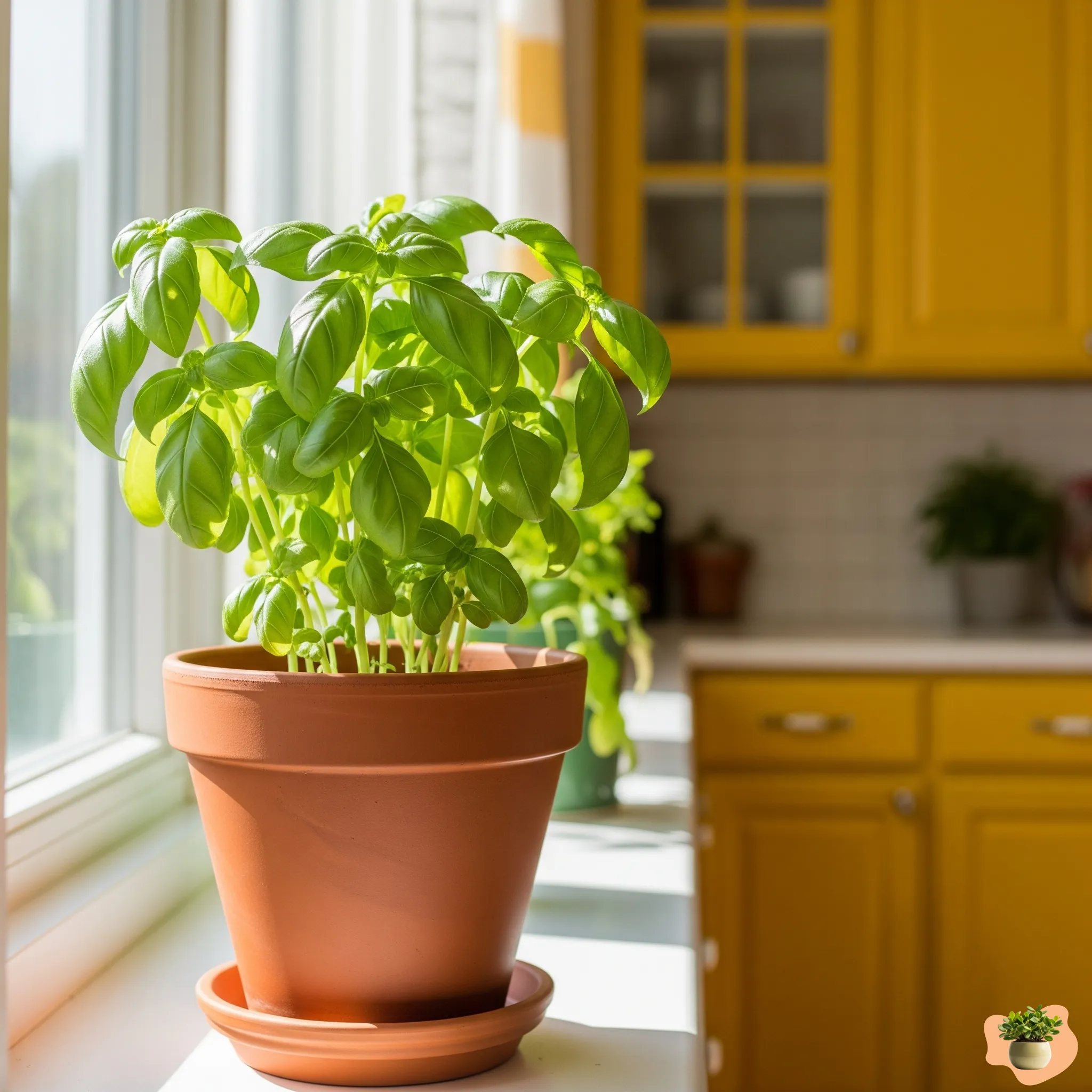Healthy basil plant growing indoors