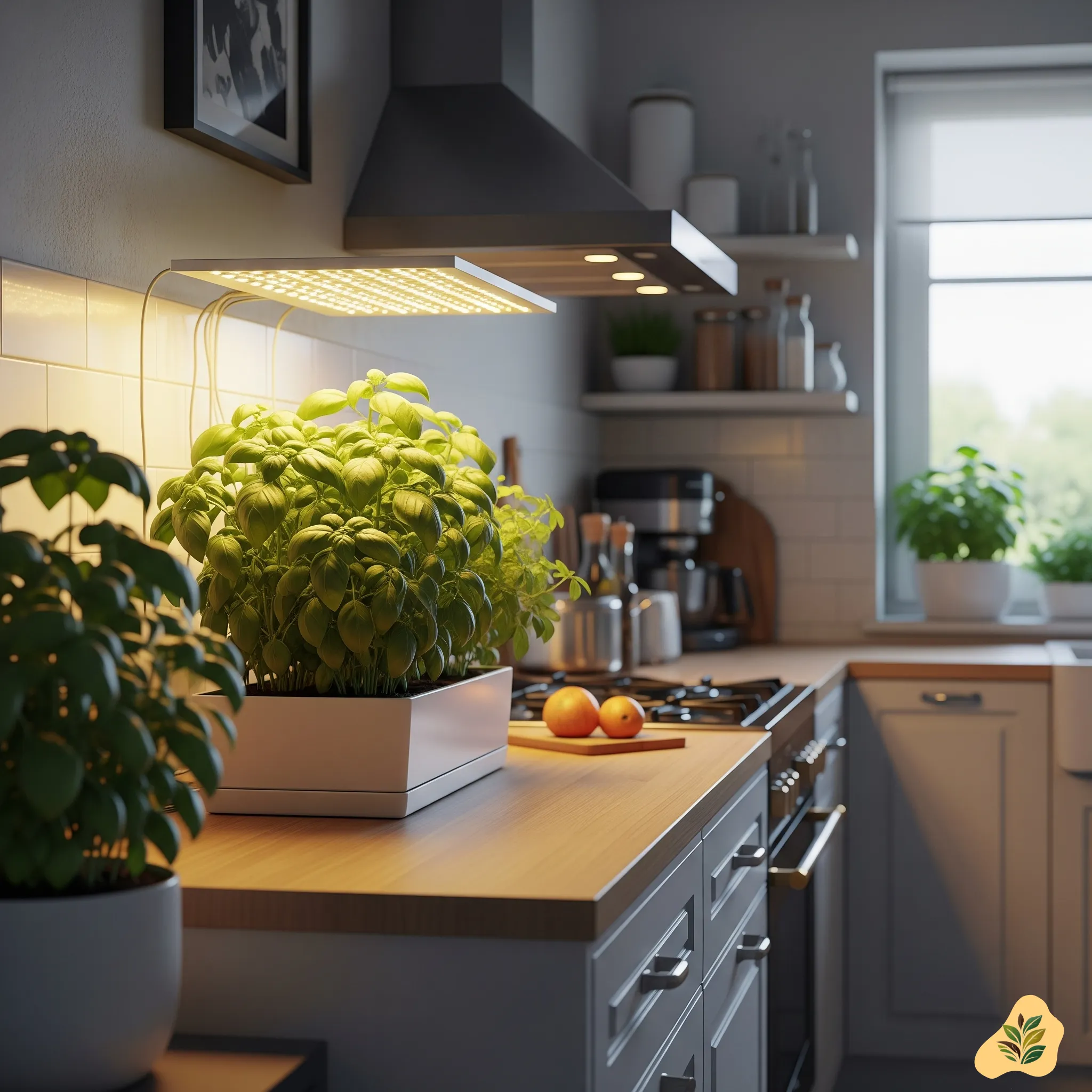Bright indoor herb garden with basil under LED grow light – cozy modern kitchen scene