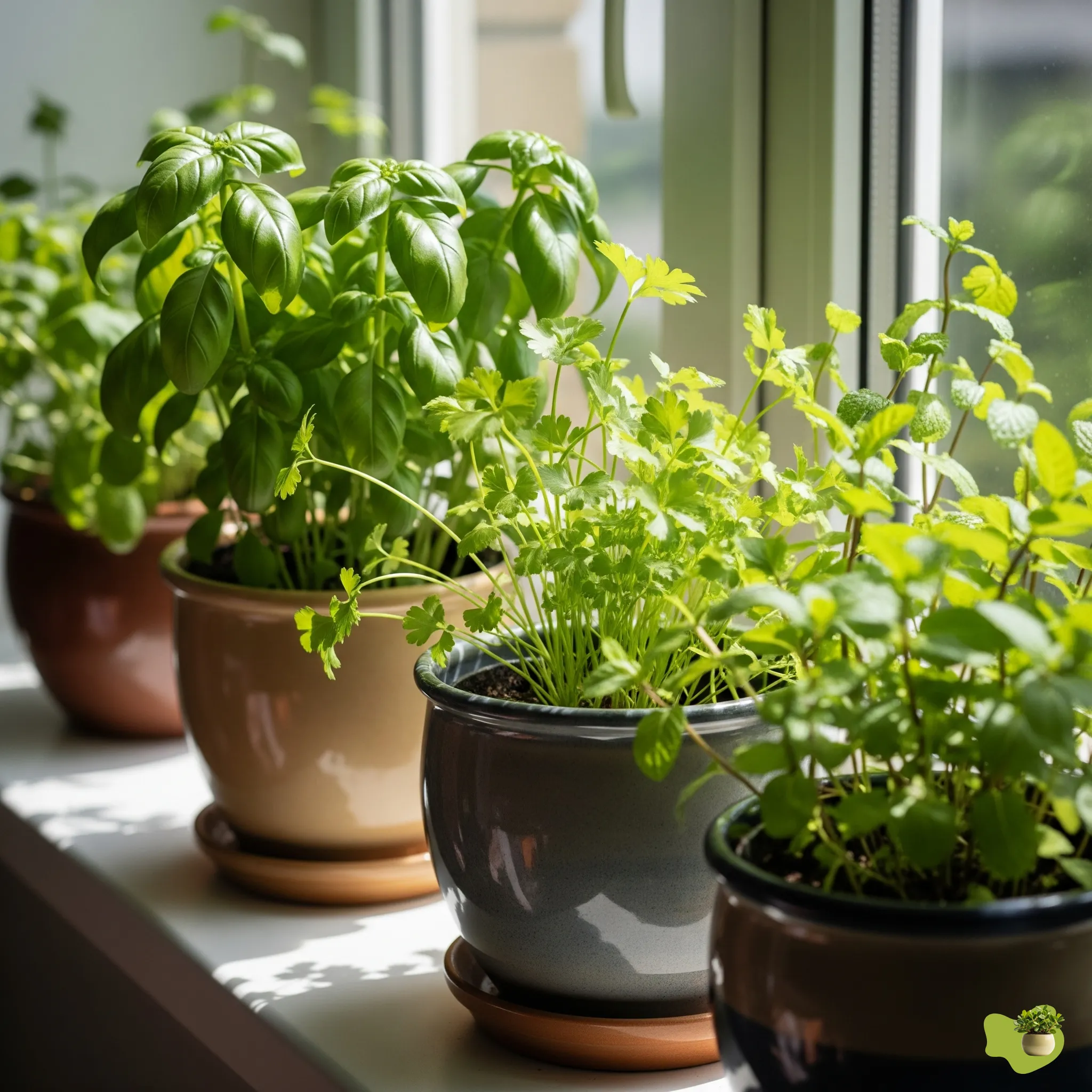 herb garden with basil, parsley, and mint
