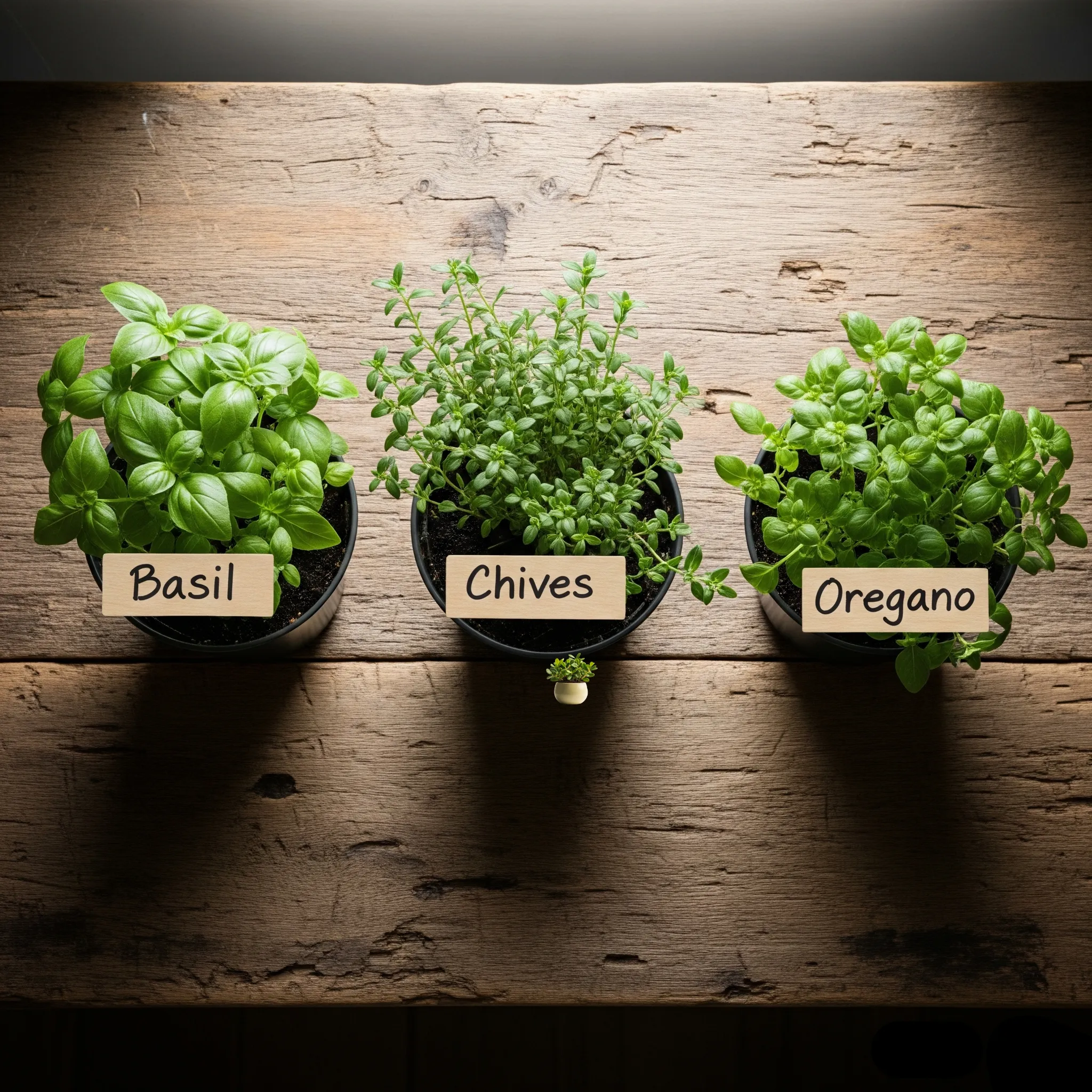 indoor herb pots: basil, chives, oregano