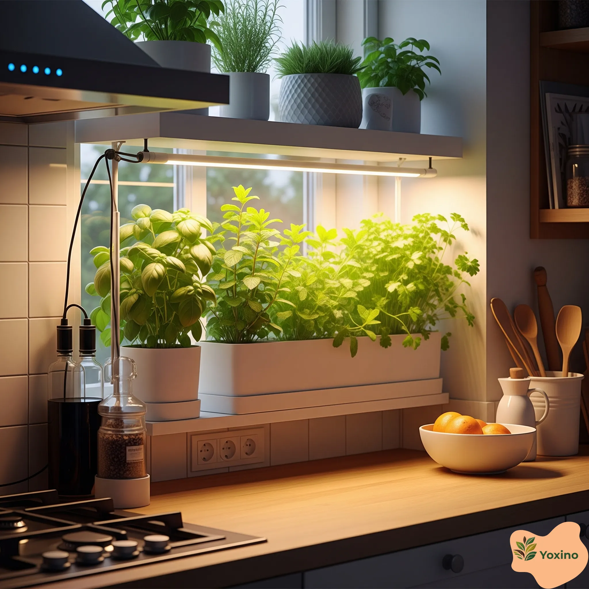 grow lights and thriving herb plants