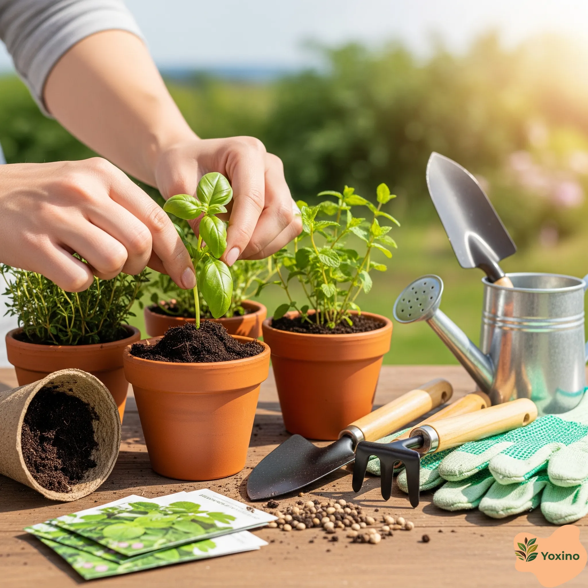 herbs in small pots with soil and garden tools