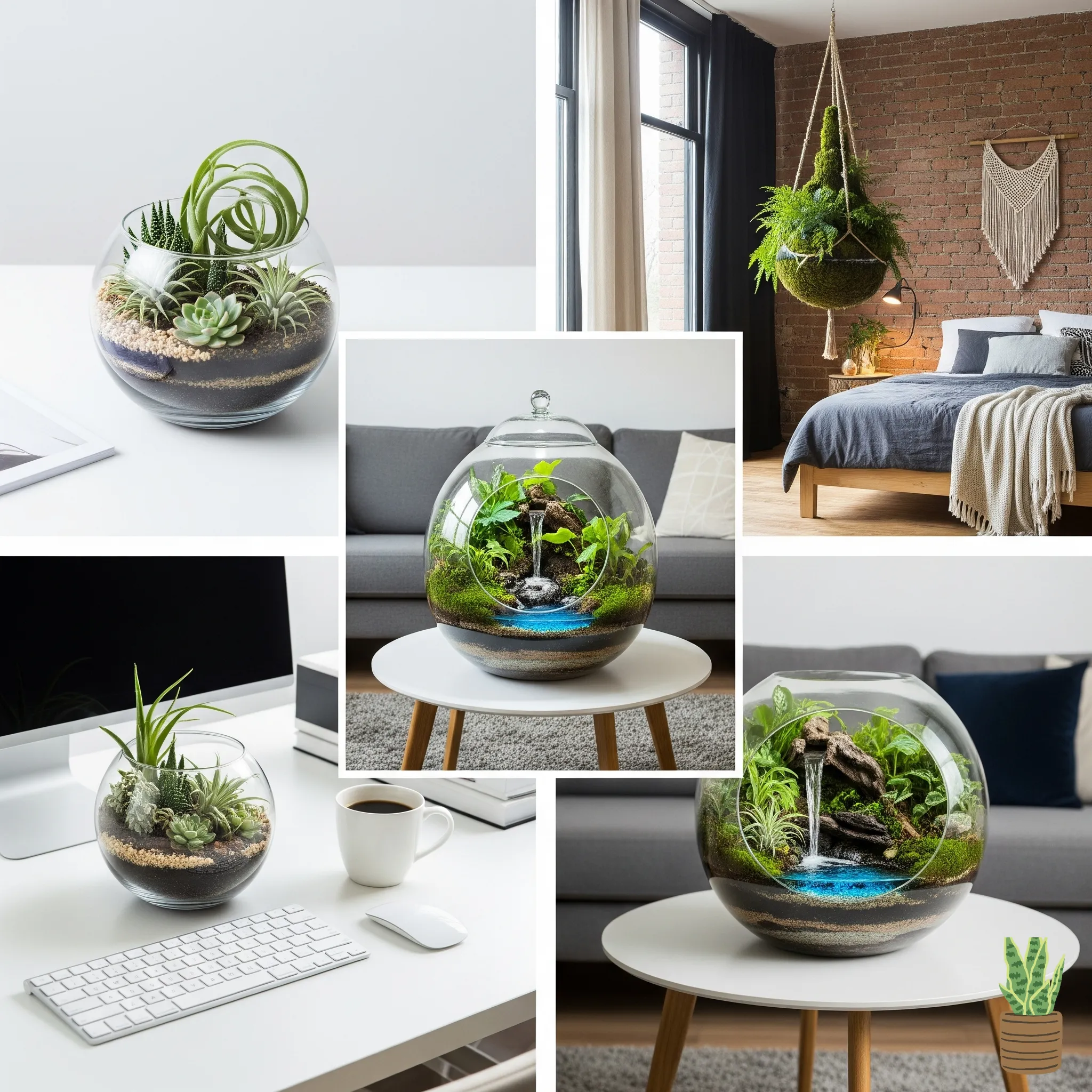 Various styled terrarium displays - office desk, coffee table, hanging arrangements
