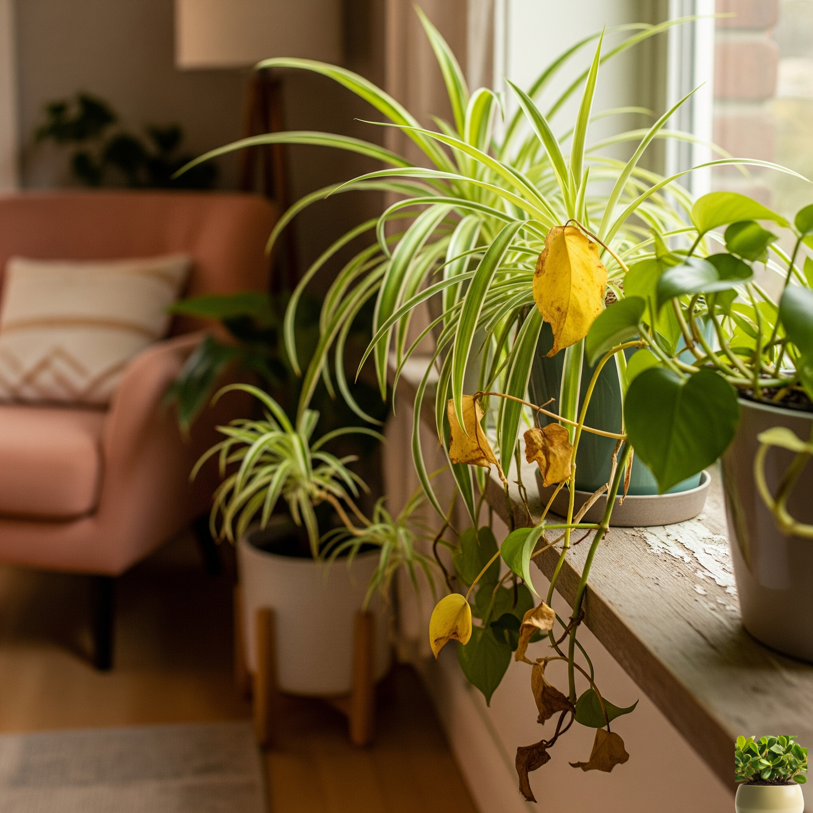 indoor houseplants with yellow and brown leaves