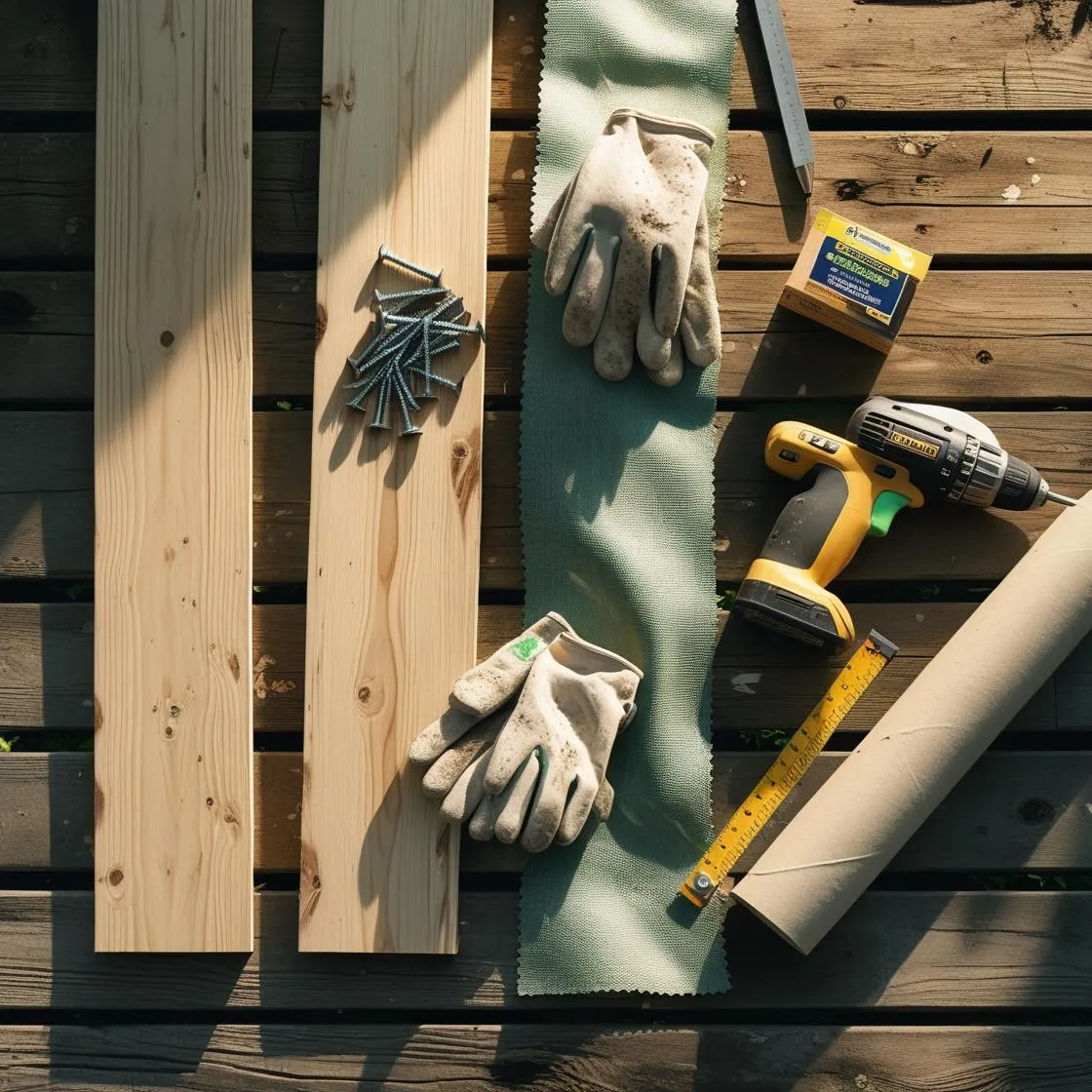 Flat lay of DIY raised bed materials and tools: wood boards, drill, screws, fabric – outdoor workspace