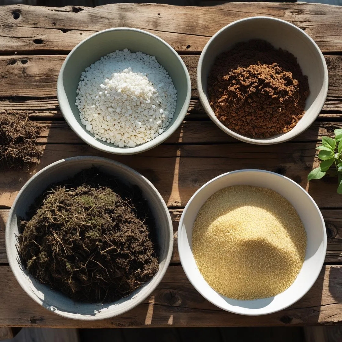 Flat lay of DIY indoor plant soil ingredients: peat moss, perlite, compost, and sand in bowls on a gardening table