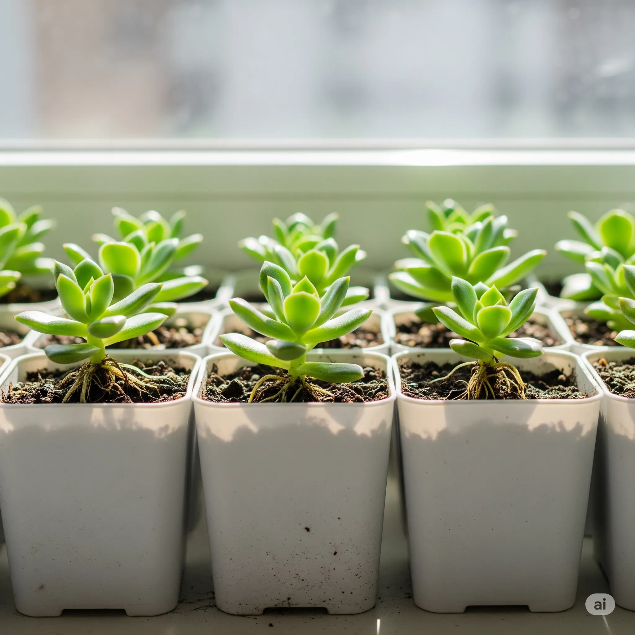 Young succulent propagations growing in small pots under natural light, showing healthy roots and leaves