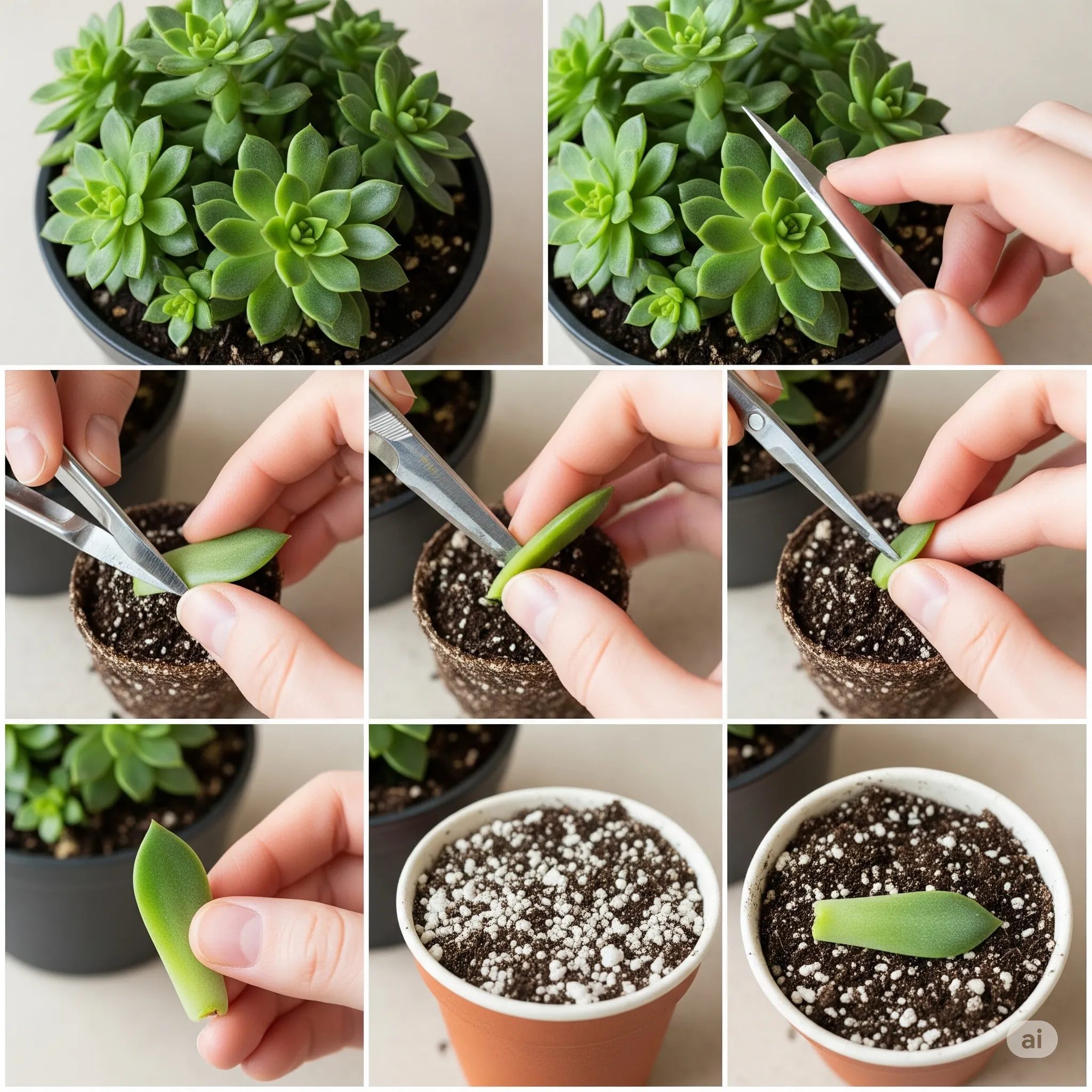 Step-by-step photos showing how to take a leaf cutting from a healthy succulent, including detaching leaf and placing on soil
