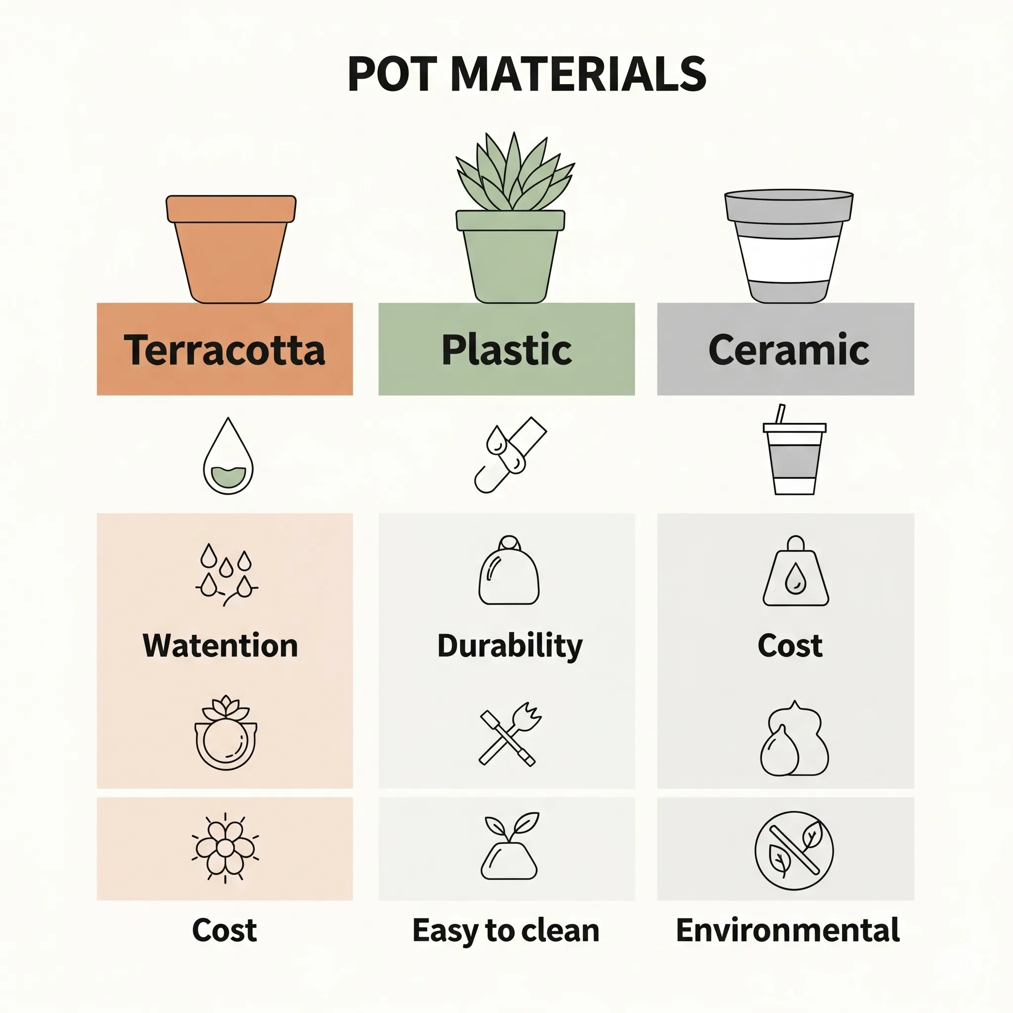 Clean, minimalist infographic comparing pot materials 