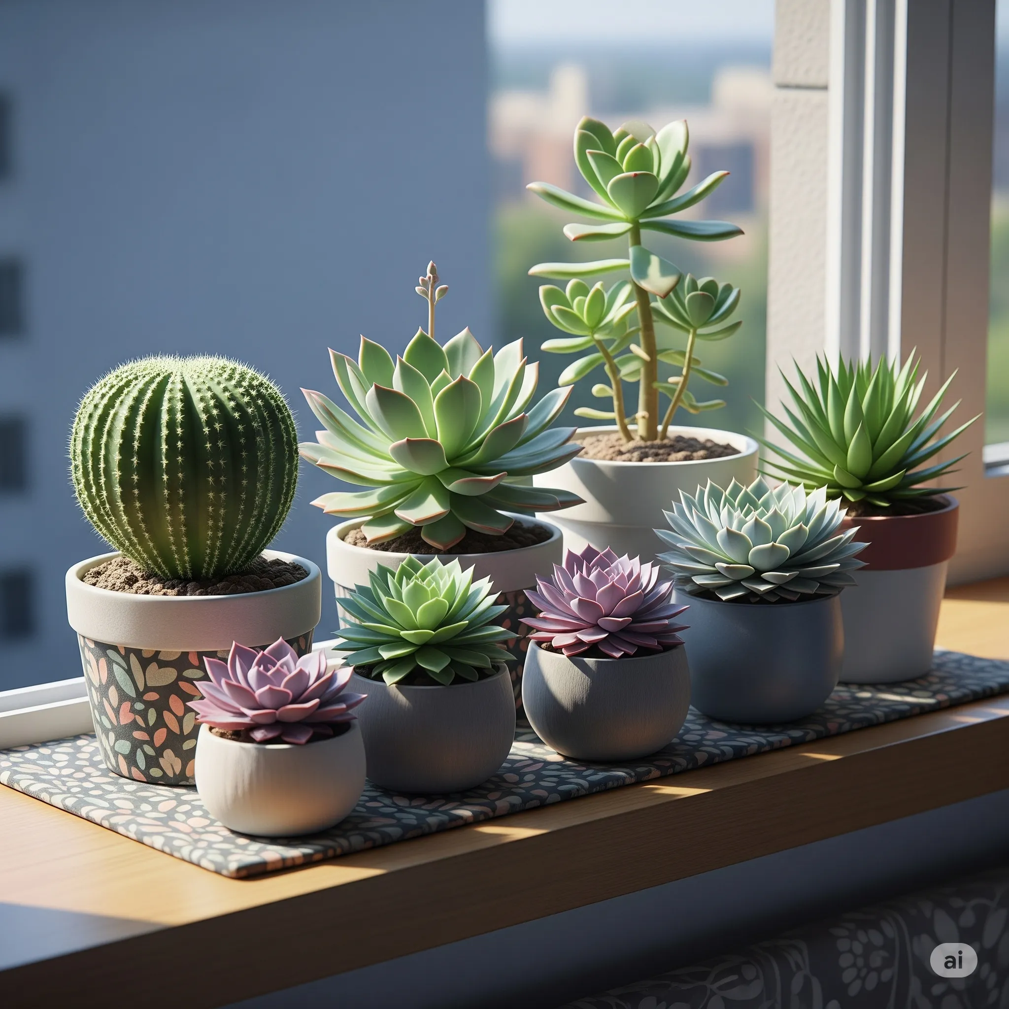 Collection of 7 best succulents arranged on a small apartment 