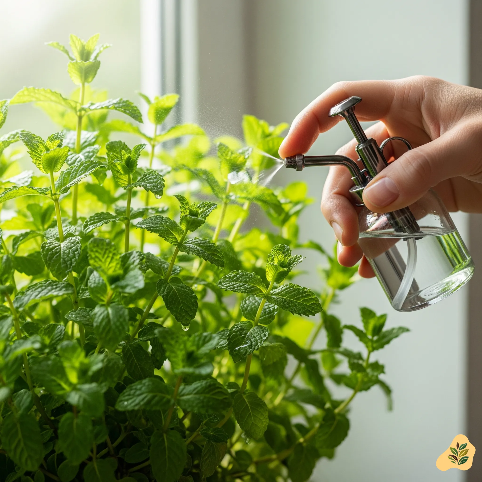watering a lush mint plant indoors