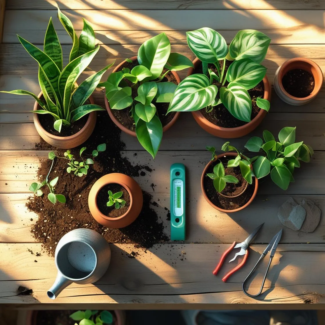 Top-down view of indoor plant shelf with moisture meter
