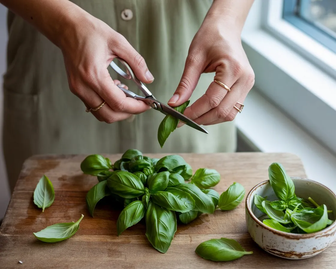 basil leaves with scissors