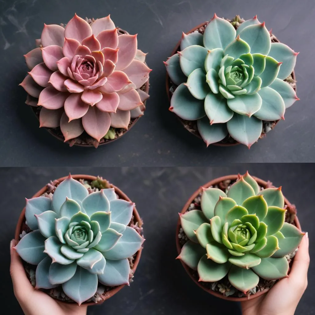 Echeveria plant showing stretched stem (etiolation) next to a healthy compact one 

