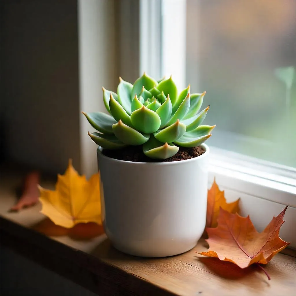 A healthy Echeveria plant in a white ceramic pot placed on a sunny indoor windowsill, minimalist background – photorealistic