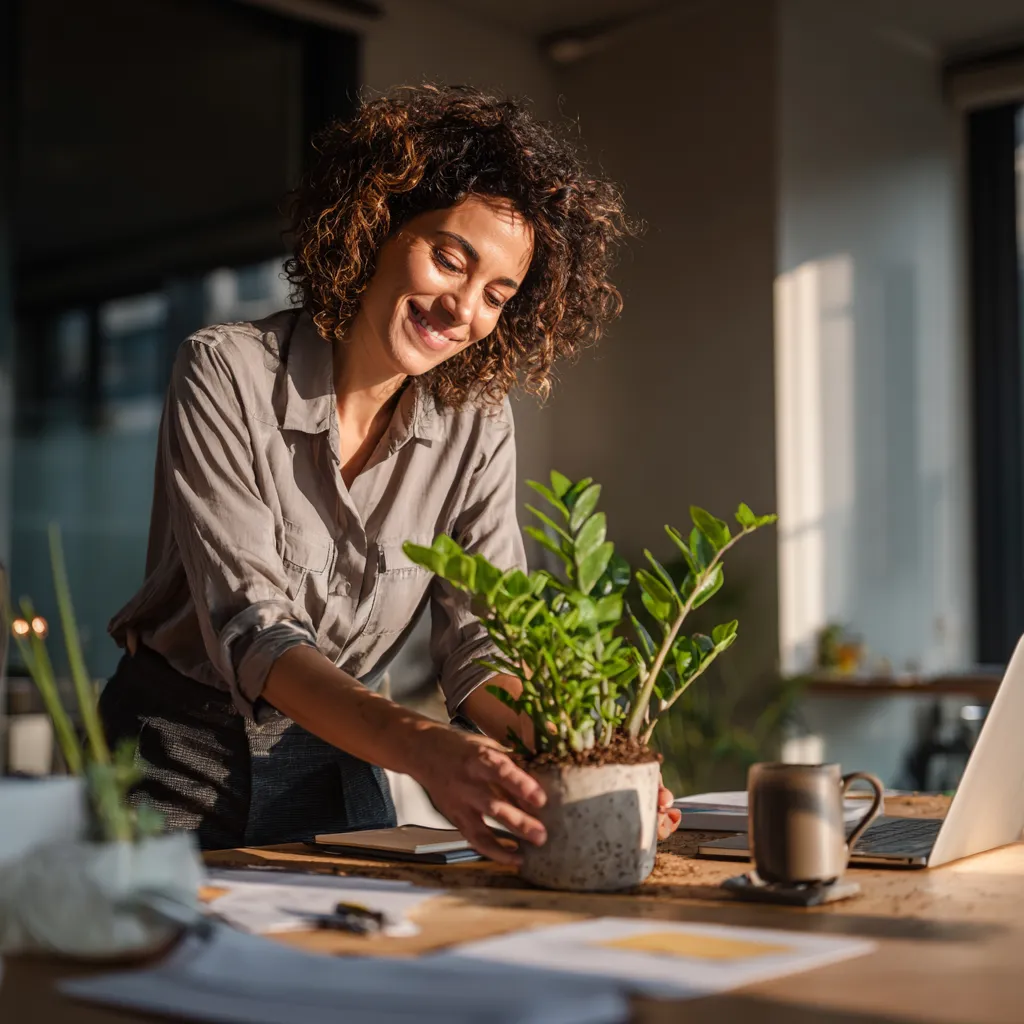Happy woman in business attire placing a ZZ plant on a desk