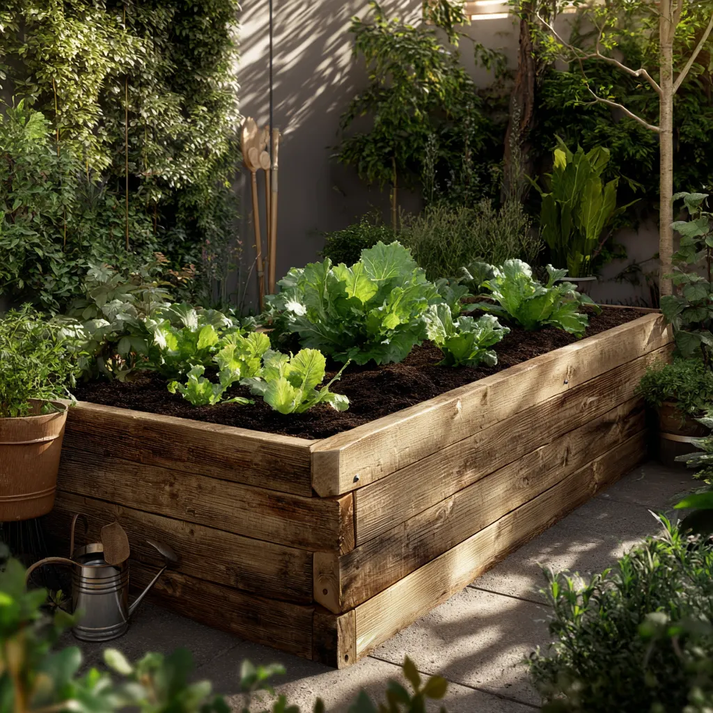 Backyard raised wooden garden bed filled with rich soil and green plants in sunlight – fresh and inviting