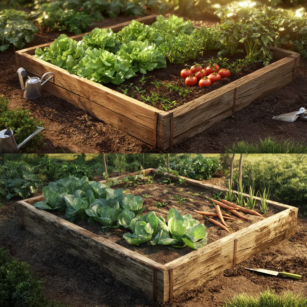 Side-by-side photo of a raised garden bed and a traditional in-ground garden with vegetables growing