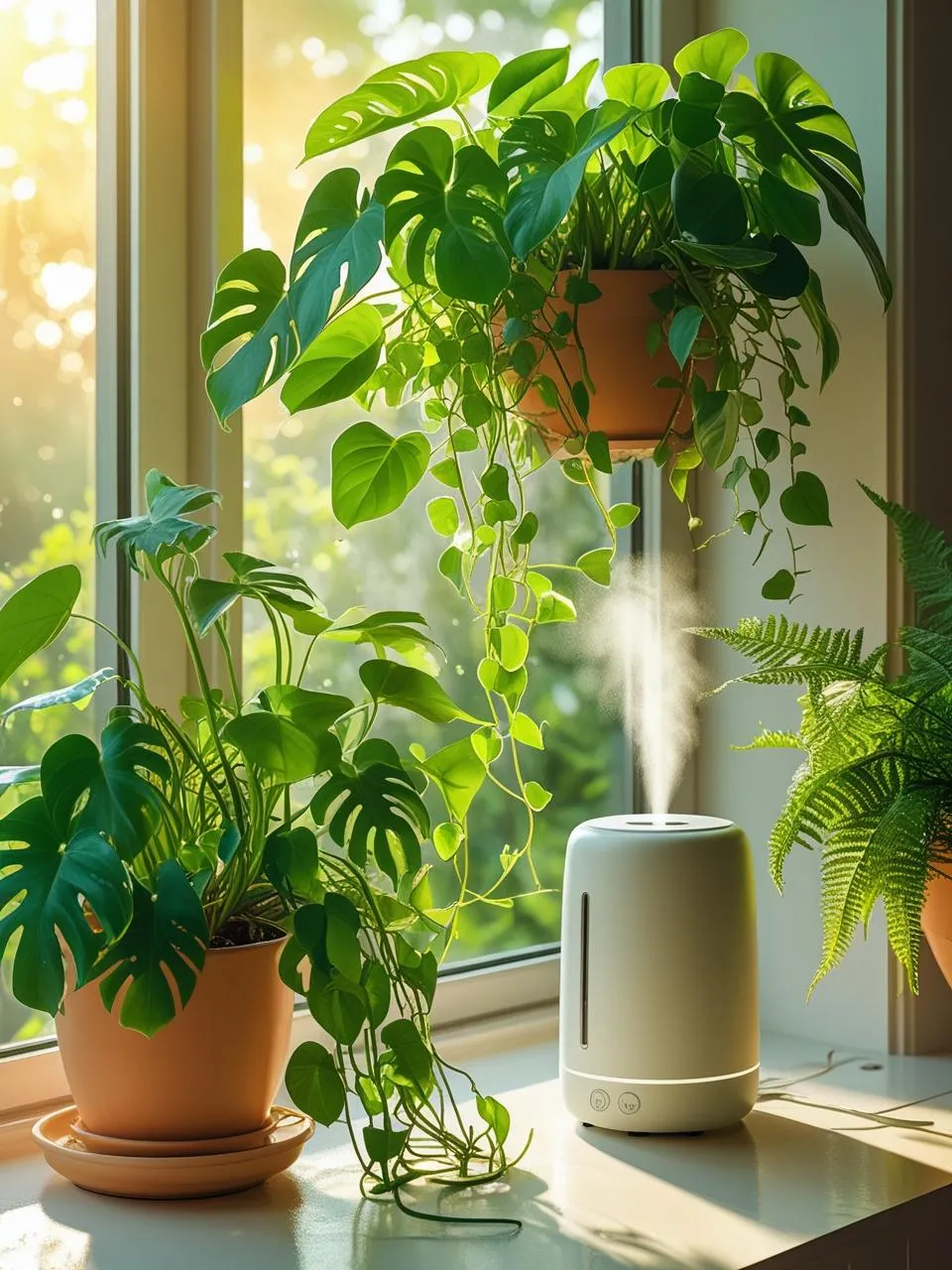 Healthy green houseplants on a sunny windowsill with a humidifier nearby