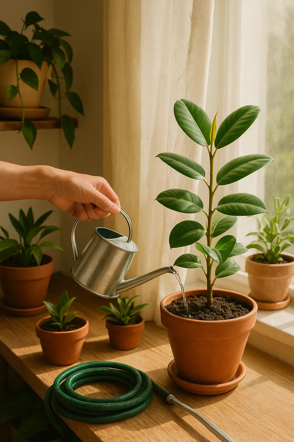 A person watering potted houseplants with a small metal watering can on a windowsill, with light filtering in