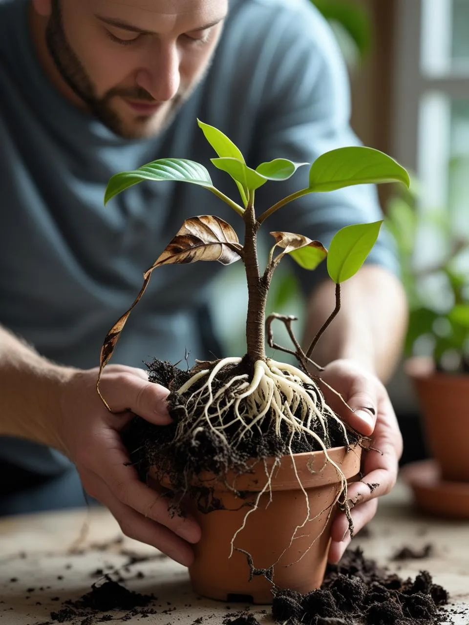 A person gently pulling a dying plant from its pot to inspect the roots, indoor light setup