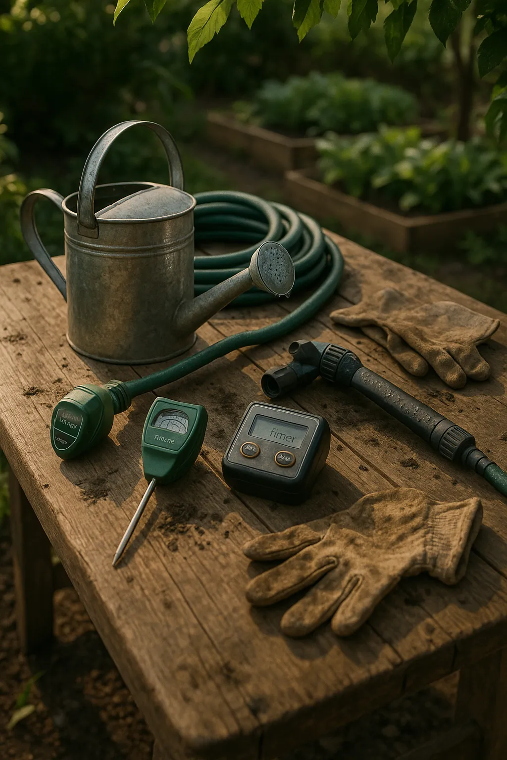 Assorted garden watering tools laid out on a rustic wooden table in a garden setting, including watering can, hose, wand, and timer