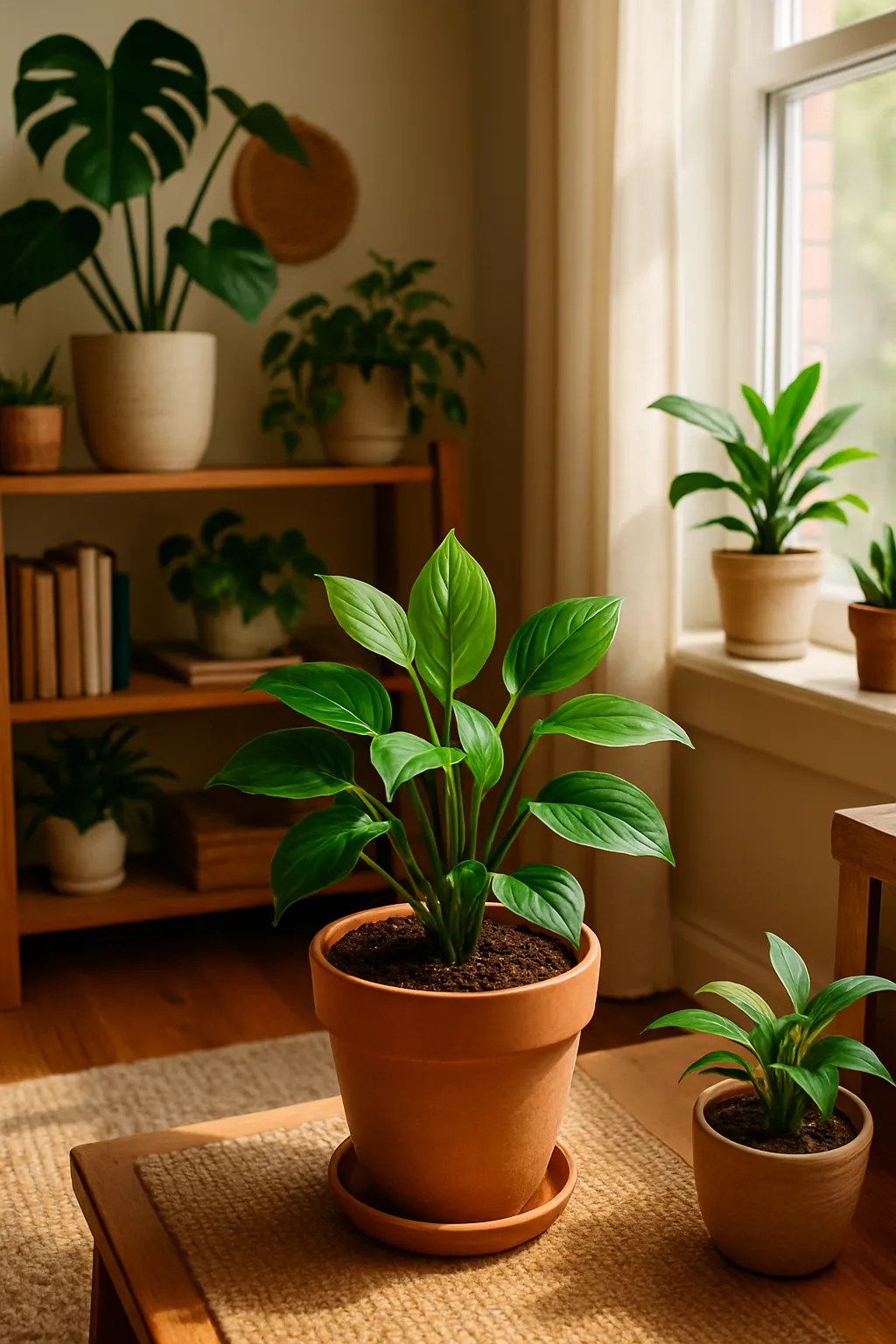 Healthy revived plant thriving in a new pot near a window, surrounded by other indoor plants, cozy home setting