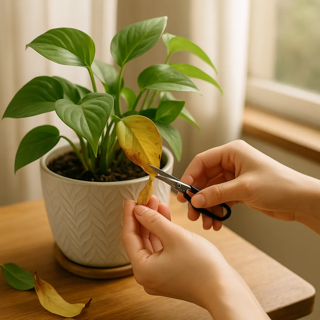 Person gently pruning dead leaves from a houseplant with scissors, natural daylight