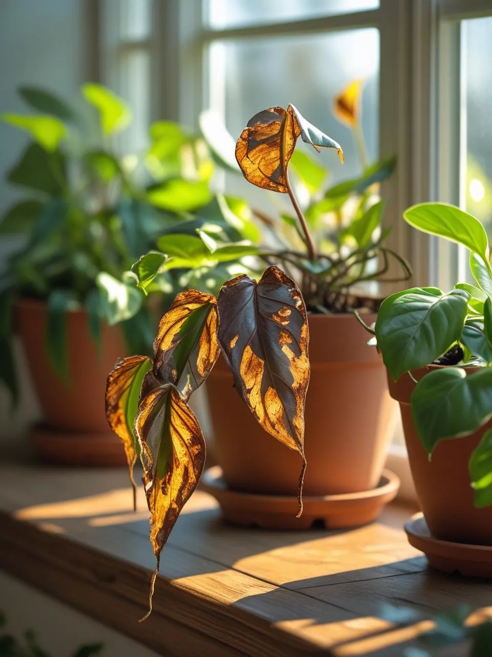 Close-up of a drooping houseplant next to healthy plants, indoor natural light, realistic photo