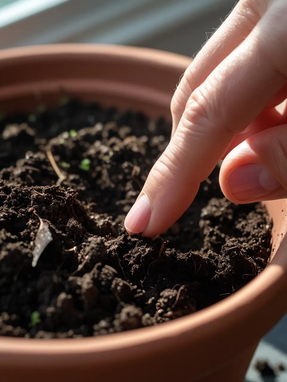 Close-up of plant soil being checked with a finger moisture test indoors, natural soft lighting